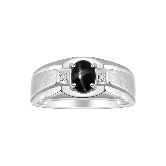 RYLOS Men's Rings Sterling Silver Classic 7X5MM Oval Gemstone & Diamond Ring Black Star Sapphire March Birthstone Rings For Men, Silver Rings, Size 8