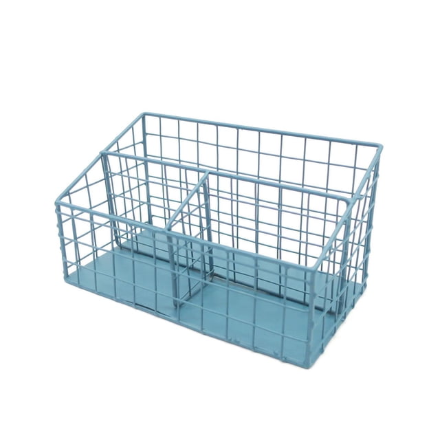 hometrends Wire Organizer in blue with an open iron wireframe design featuring two compartments separated by an integrated divider, measuring 11 in. W x 5.7 in. D x 5.9 in. H, ideal for organizing cables and small TV accessories to keep entertainment areas tidy.
