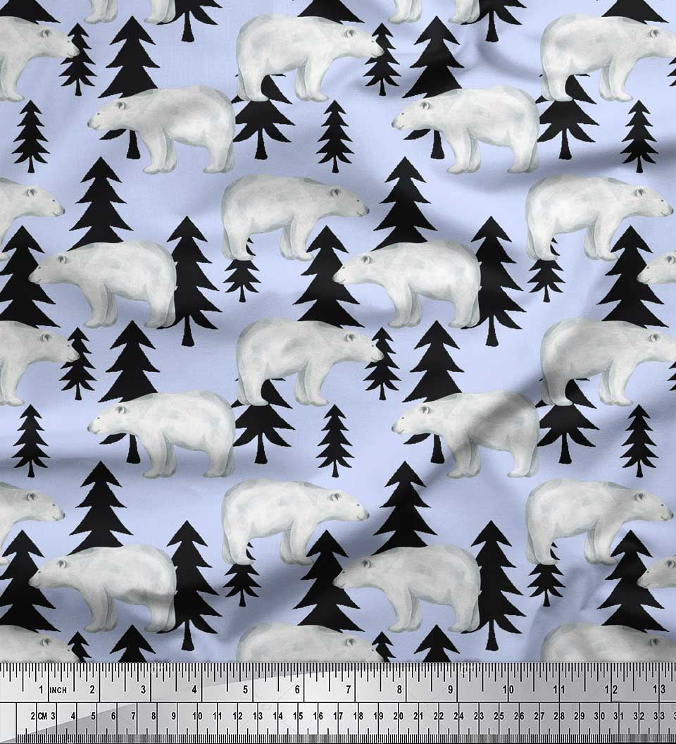 Soimoi Blue Silk Fabric Bear Tree Print Fabric by the Yard 44 Inch Wide