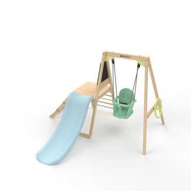 Plum Junior Wooden Playcentre, safe 4ft slide for toddlers, secure baby swing seat, metal and cargo net ladders, climbing toys for toddlers, kids ages 1+, steering wheel, chalk board, safe certified