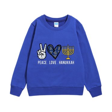 GPOECD Chandail à Col Rond Imprimé Menorah Hanukkah pour Filles, Manches Longues, Chaud, Chandail de Vacances pour Enfants, Haut Décontracté Confortable Bleu, 6-7 Ans