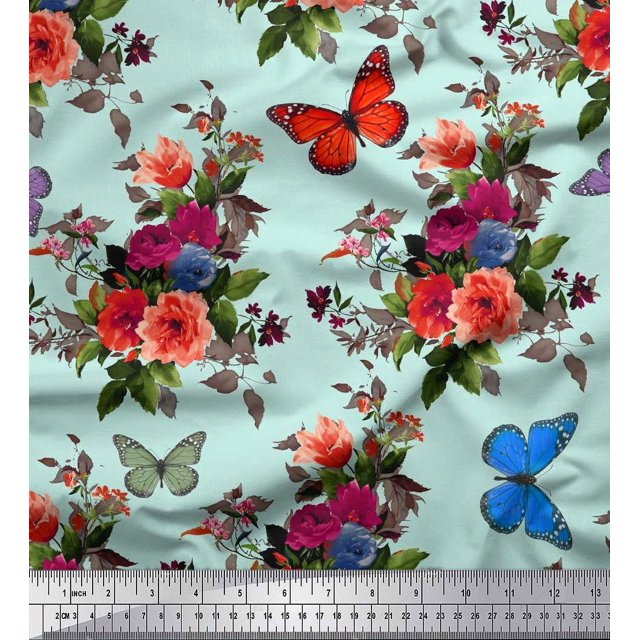 Soimoi Poly Georgette Fabric Leaves, & Peony Floral Printed Craft Fabric by The Yard 52 Inch Wide