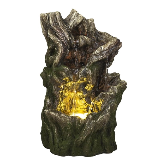 Angelo Décor Whispering Woods indoor/outdoor tabletop fountain with 35 cm (13.8 in.) wood stump design, flowing water, energy-efficient pump, and warm LED accent lighting, made from durable Comp-Cast material, ideal for patio decor and creating a relaxing ambiance.