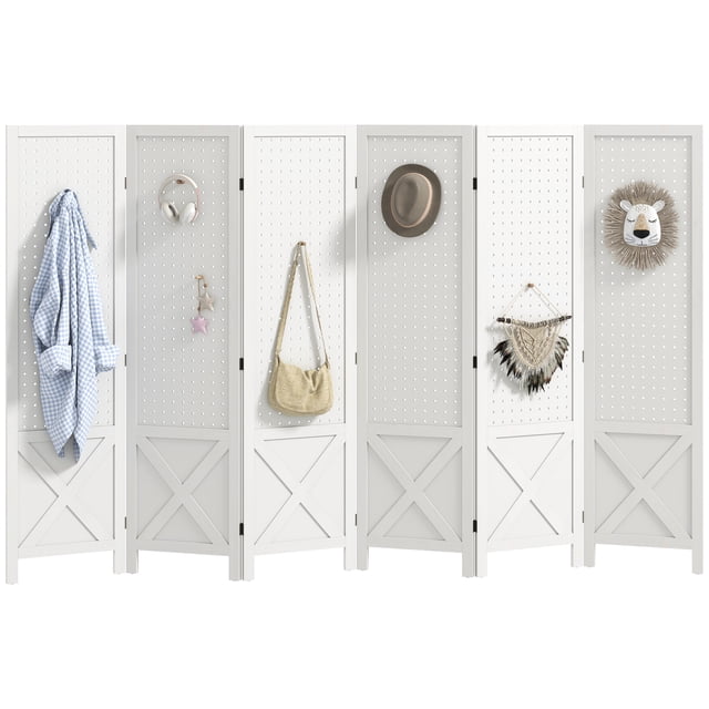 HOMCOM 56.9" 6 Panel Room Divider with Pegboard Display for Indoor White