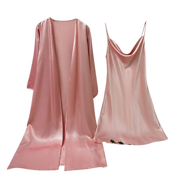 LNGOOR Ensembles de Pyjama en Satin de Soie pour Femmes 2 Pcs Camisole Chemise de Nuit avec Robes Vêtements de Nuit Robe de Mariée Rose