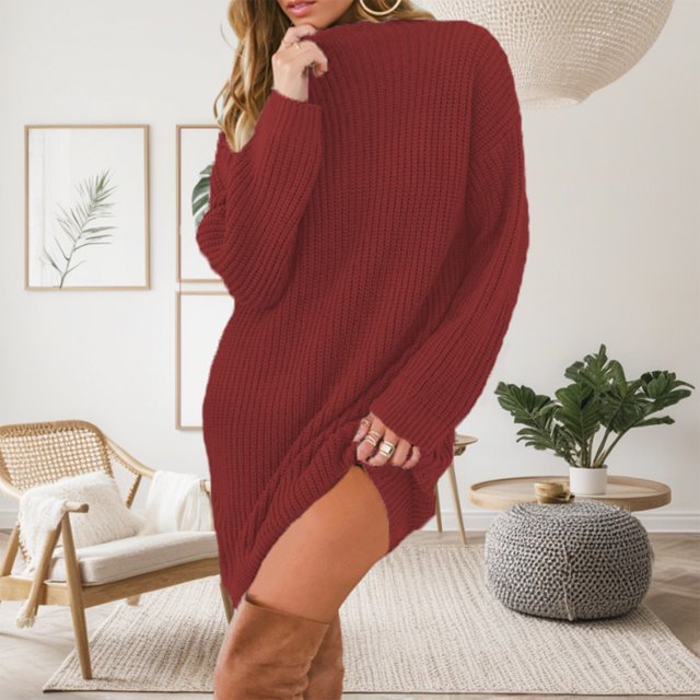 Gspmoly Robes d'Été pour Femmes, Robe Décontractée Ample à Manches Longues en Tricot Uni à Col Semi-Montant, Robes de Cocktail pour Femmes en Liquidation