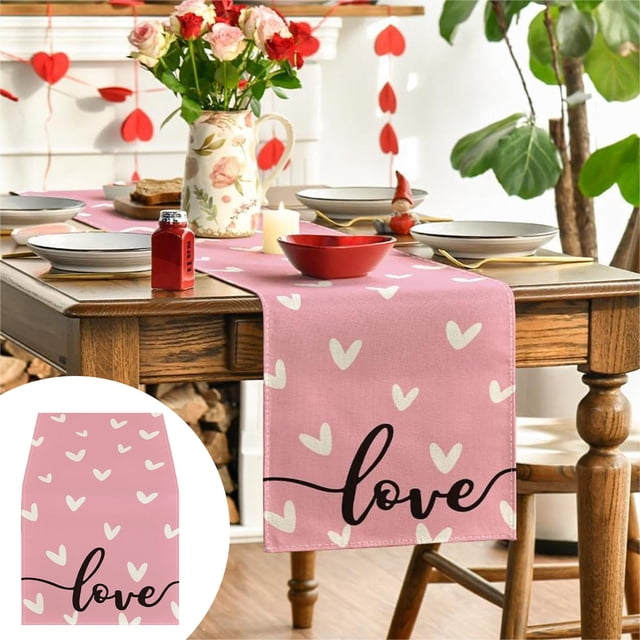 Boovnll Valentines Day Table Runner, 13x35" Valentine's Day Printing Table Runner, Valentines Table Runner for Holiday Kitchen Dining Table, Party Decor, Valentines Day Decorations
