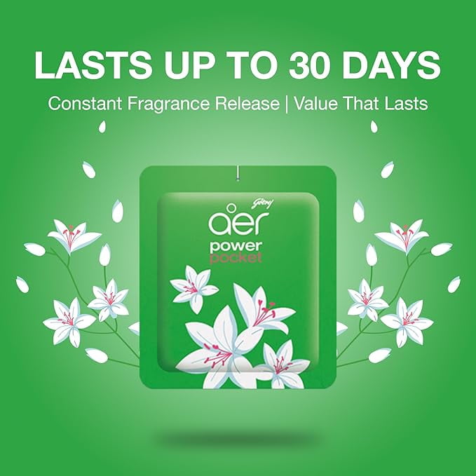 Godrej Aer Power Pocket Jasmin Floral Delight Désodorisant pour salle de bain 10 g, dure jusqu’à 30 jours, Désodorisant pour Salle de Bain