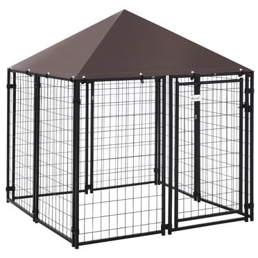 PawHut Enclos Extérieur pour Chien, Clôture en Treillis Métallique Soudé en Acier, Enclos/cage pour Animal Verrouillable, avec Toit Résistant à l'Eau et aux UV, Porte, 4,6 Pi x 4,6 Pi x 5 Pi, Noir