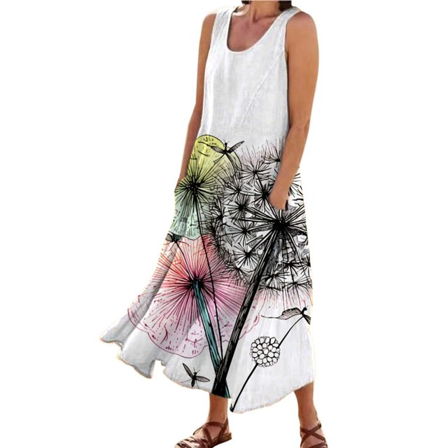 TJAZFJPA Robe Blanche à Manches Longues Mode Femme Col Rond Décontractée Imprimé Pissenlit 3D Sans Poignets Poche Longue Robe Débardeur Robe Décontractée Robes de Plage Robe Maxi d'Été