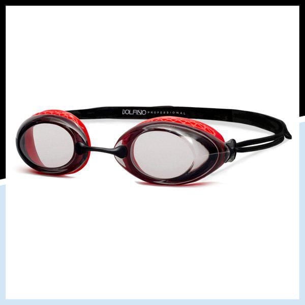 Dolfino Pro Launch Adult Swim Goggle in red and black with honeycomb-molded silicone eye cups that reduce eye pressure, tinted anti-fog lenses for enhanced underwater visibility, adjustable split head strap, and three nose bridge sizes for a custom fit with UV protection.
