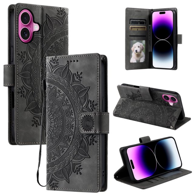 Étui à Rabat pour iPhone 16 Plus, Portefeuille en Cuir PU Premium avec Fleurs en Relief Totem, Porte-Cartes et Support Compatible avec iPhone 16 Plus - Gris