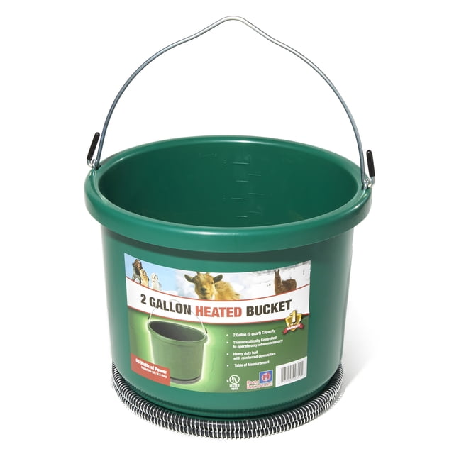 Farm Innovators HB-60 Oversized 2 Gallon Plastic Heated Bucket in green, designed to prevent water from freezing in single-digit temperatures. Features a built-in thermostat for energy efficiency, a heavy-duty 60-watt anti-chew cord, and a sturdy metal handle with reinforced connectors. Suitable for outdoor animals, especially dogs. Dimensions: 12 x 12 x 11 inches.