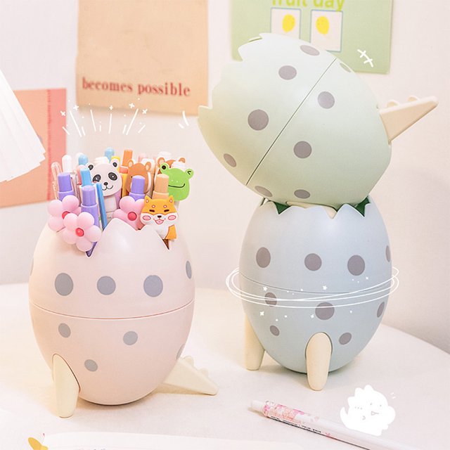 PP Kids Egg Shape Pen Holder Portable PP Plastic Cartoon Large Capacity Wide Mouth Ruler Rubber Glue Container Birthday Gift Green