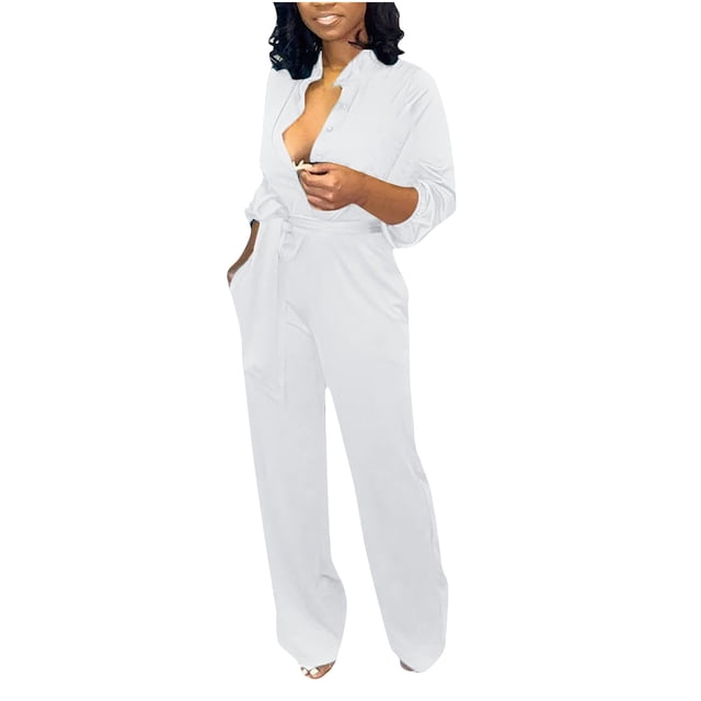 Yuyuzo Jumpsuits for Women Long Sleeve Button up Tops Straight Leg Pants with Belt Loose Casual Solid Color Rompers
