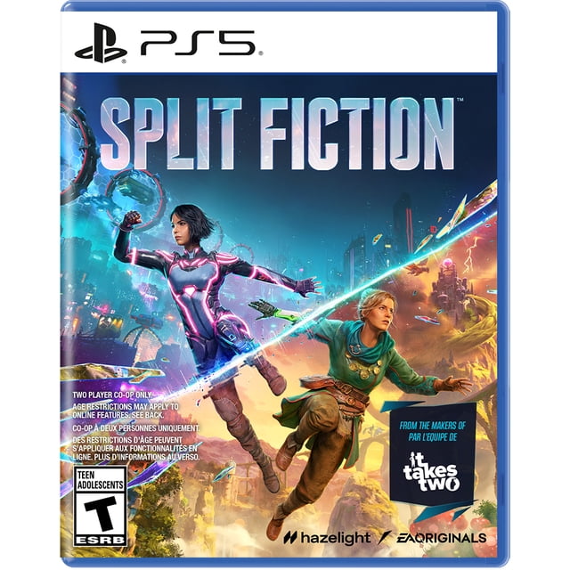 Split Fiction PS5 game cover showing two characters divided by a glowing diagonal line, one in futuristic neon armor in a sci-fi cityscape and the other in fantasy attire leaping over a fiery landscape, with PlayStation 5 branding, ESRB Teen rating, and developer logos hazelight and EA Originals.