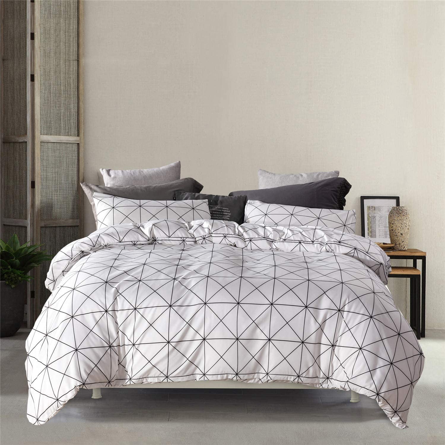 3 Pcs Queen Boho Duvet Cover, Black Geometric Pattern Printed on White Bohemian Comforter Cover Bedding Set