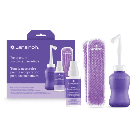 Lansinoh Postpartum Essentials Kit, Includes Upside Down Peri Bottle 12.2 oz, Herbal Perineal Spray 3.5 oz, Reusable Perineal Ice packs and Sleeves