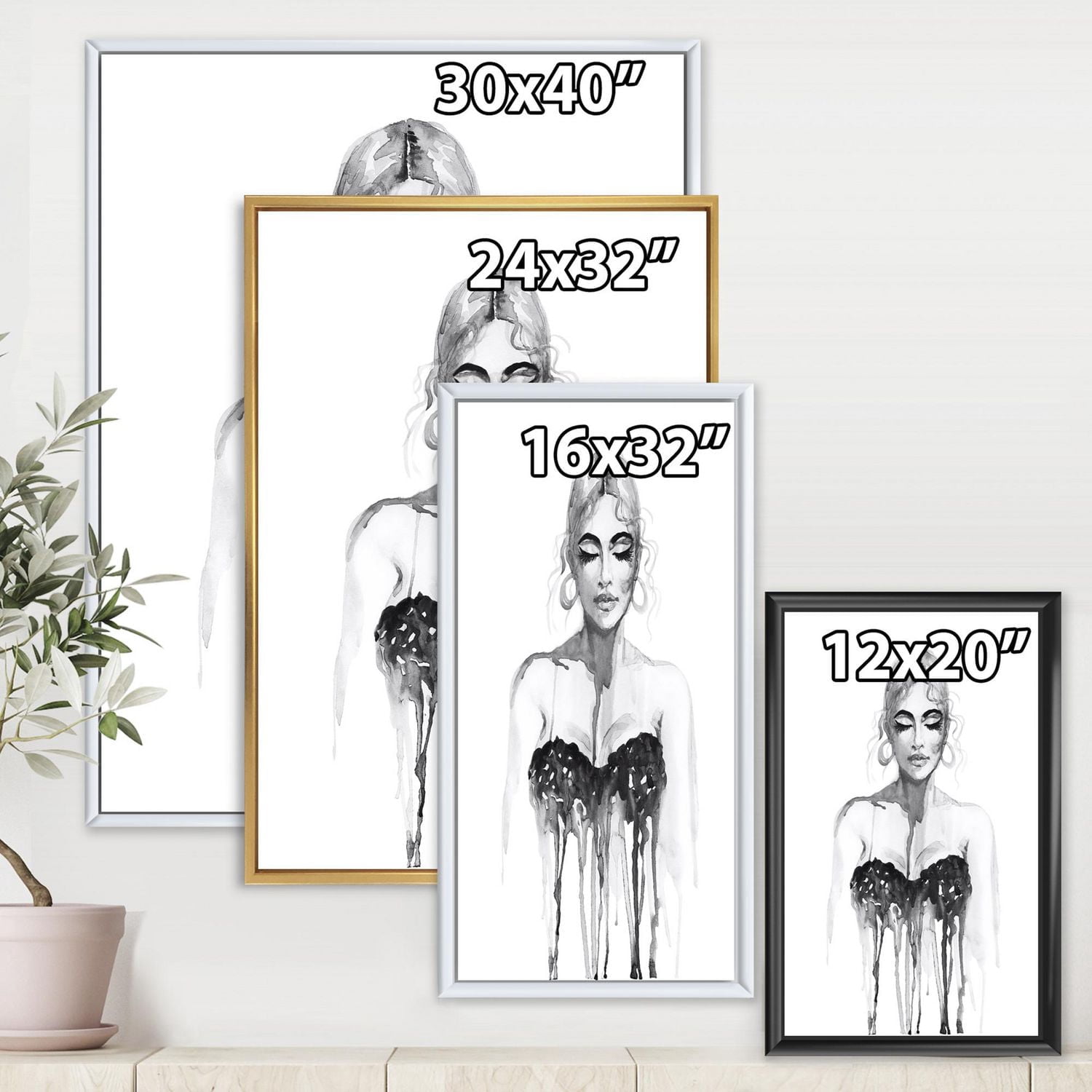 Designart Portrait monochrome de femme portant une robe de soirée ART MURAL À CADRE FLOTTÉ