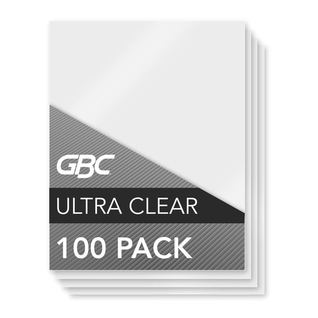 GBC® UltraClear™ Thermal Laminating Pouch, Letter, 3mil, 100 pack showing a stack of clear letter-sized laminating pouches with a grey diagonal label featuring the GBC logo and product name, providing UV protection to prevent yellowing and fading, compatible with any thermal pouch laminator, and suitable for preserving important documents or photos.