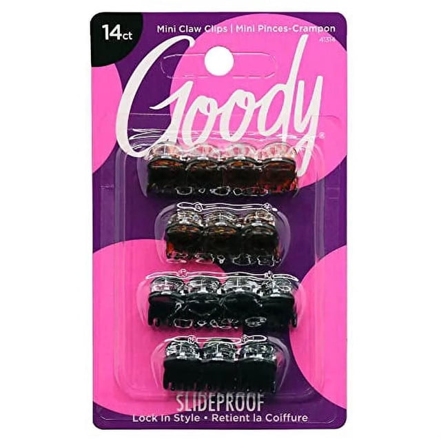 Goody Classics Micro Mini Clips - Brown/Black 14 pack of small slide-proof claw clips in brown tortoiseshell and black, designed to lock in style and manage upswept or unruly hair, displayed on pink and purple branded packaging.