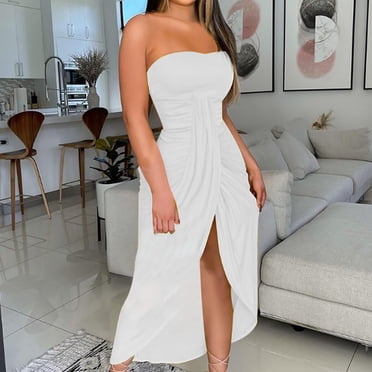 CEHVOM Robe Longue d'Été Unie Sans Bretelles pour Femme, Robe Fendue de Plage, Robe de Fête et de Boîte de Nuit