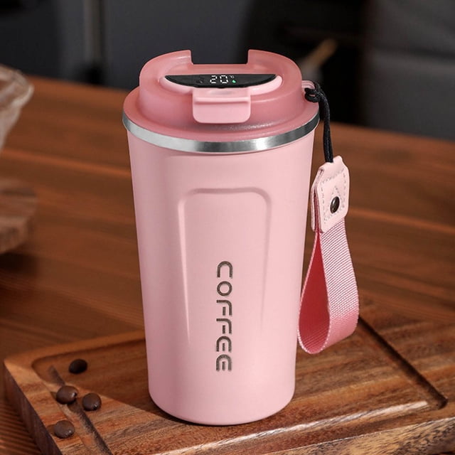 Zanvin Cups Kitchen Tools, Stainless Steel Coffee Cup with intelligent temperature measurement and insulation features, shown in a pink finish. The cup includes a lifting rope for portability and a digital temperature display on the lid. Designed for hot and cold beverages, it has a 510ml capacity and measures 16.8 x 6.9 cm. Ideal for travel or home use.