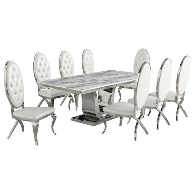 Silver Stainless Steel 9 Piece Dining Set with Marble Table and White Chairs