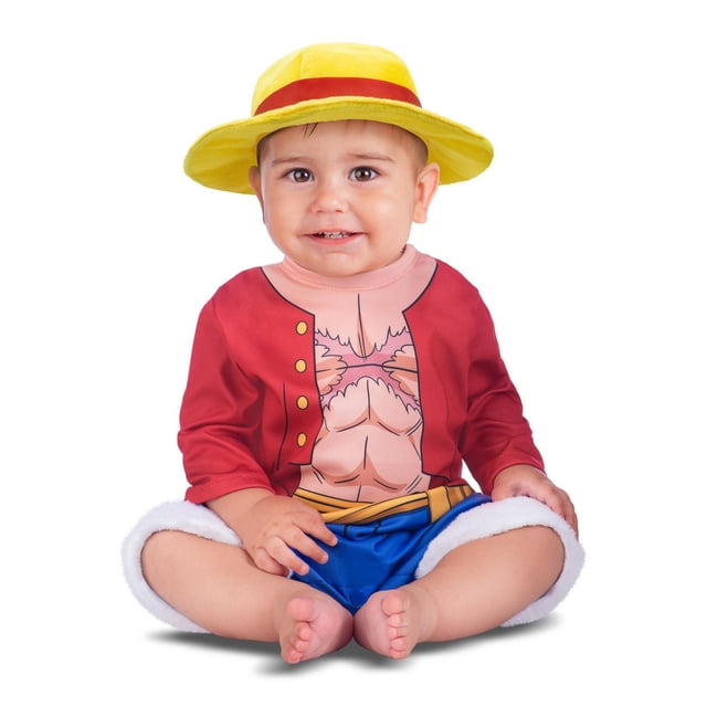 ONEPIECE Official Luffy Toddler Costume featuring a diaper-ready jumpsuit with printed muscular chest and red jacket design, blue shorts trimmed with white fur, and a yellow padded foam hat with a red band, shown on a seated toddler against a white background.