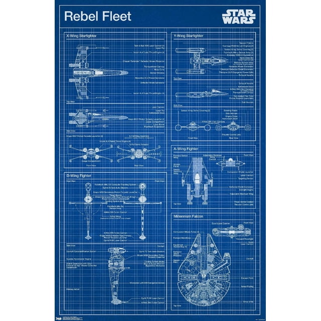 Star Wars : Saga - Affiche Murale de Plan Rebelle, 22,375 Po x 34 Po Affichant des Plans Techniques Détaillés de Vaisseaux Stellaires de la Flotte Rebelle Incluant X-Wing, Y-Wing, B-Wing, A-Wing Fighters et Millennium Falcon avec des Composants Étiquetés et Plusieurs Vues sur un Fond à Grille Bleue, Imprimée sur Papier d'Affiche Lustré, Convenant à la Décoration Intérieure et à l'Art Mural.