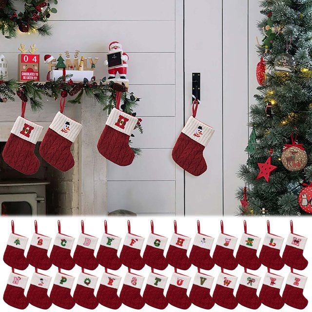 Vaidha Christmas Decorations Red Knitted Alphabet Embroidered Christmas Socks Colorful 26 Letter Gift Socks