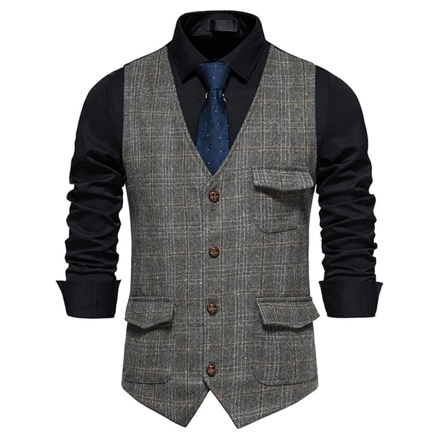 LSLJS Débardeur pour Homme Homme Uni Mode à Carreaux avec Poches Gilet à Simple Boutonnage Hauts Blouse