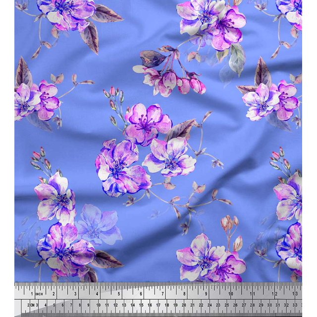Soimoi Blue polyester Crepe Fabric Leaves & Flower Floral Print Fabric by Yard 52 Inch Wide