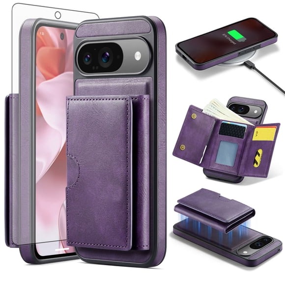 Asuwish Phone Case for Google Pixel 9/9 Pro 5G Wallet Magnetic Detachable Cell Cover with Wireless Charging and RFID Blocking Credit Card Holder Flip Stand Pixel9 9Pro Nine Women Men Purple