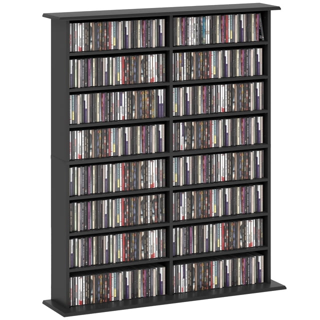 HOMCOM Armoire de Rangement Multimédia Étagère à DVD à 8 Niveaux avec Tablettes Ajustables en Noir. l'Armoire Comporte 16 Compartiments et 12 Tablettes Ajustables, Pouvant Contenir jusqu'à 720 CD, 396 DVD Ou Blu-ray. Fabriquée en Panneau de Particules avec une surface en Mélamine, Elle Comprend une Sangle Anti-Basculement pour la Sécurité. la Conception Mince Maximise l'Espace au Sol, la Rendant Idéale pour Organiser des collections Multimédias dans les Salons Ou les Aires de Divertissement.