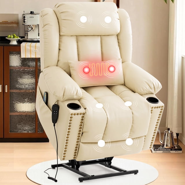 INGALIK Dual Motor Large Power Lift Recliner Chair For Elderly, Infinite Position Lay Flat Recliner with Massage and Heat, Electric Leather Recliner, Extended Footrest, USB Ports, Cup Holders (Beige)