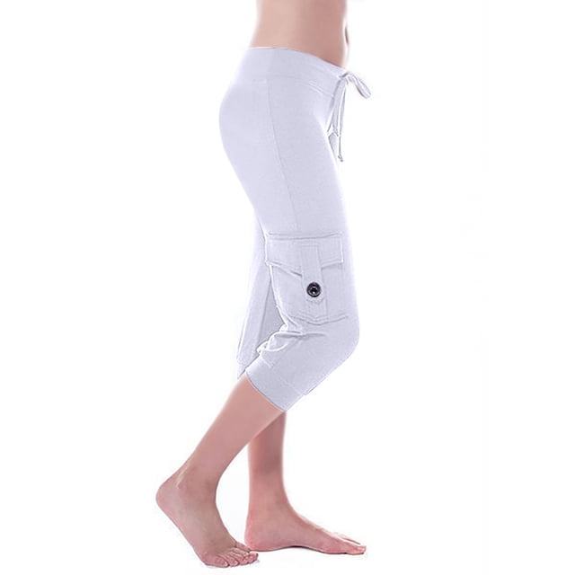 Pantalons Capris pour Femmes Jambe Droite Coupe Jambe Taille Junior Polyester Pantalons Raccourcis pour Femmes Chic Décontracté Pantalons Capris Style C-381 Blanc 4TG