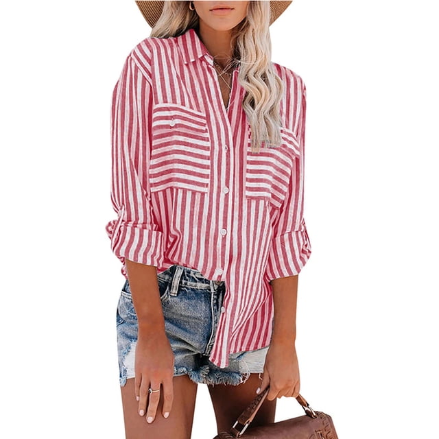 DPTALR Women's Tops Striped Printed Single Breasted Long Sleeve Shirt Cotton Linen Tops
