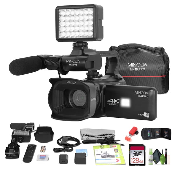 Minolta MN4KPRO 4K60FPS UHD 64 MP Autofocus Pro Camcorder Kit w/WiFi Bundle With 128GB Memory Card + Cleaning kit + Memory Card Wallet + USB Card Reader, SD/microSD