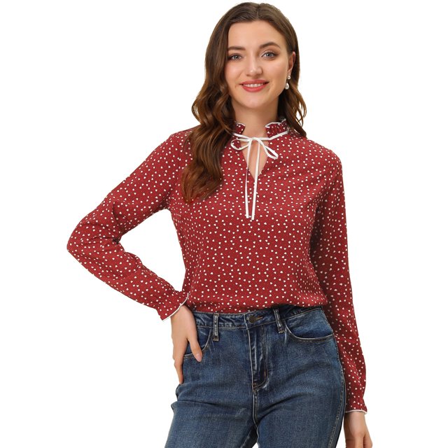 INSPIRE CHIC Blouse à Col à Volants Noué pour Femme Manches Longues Hauts TG Rouge Vin-Cœurs