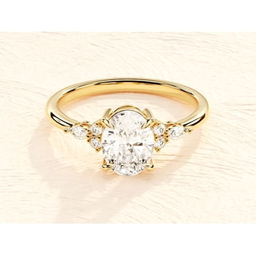 Gold Plated Bridal Vintage Ring Oval Cut Moissanite Engagement Ring Cluster Accented Moissanite Engagement Ring