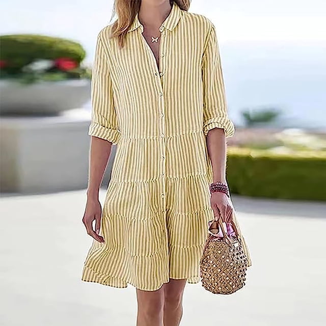 FcBaudy Robe à Manches Longues à Col Rabattu, Robes de Printemps pour Femmes, Robes pour Femmes Mode Robes pour Femmes Décontractées à Manches Longues à Rayures Imprimées Robe Chemise à Revers Jupes Rebondissantes pour Dames sur Tous les Côtés