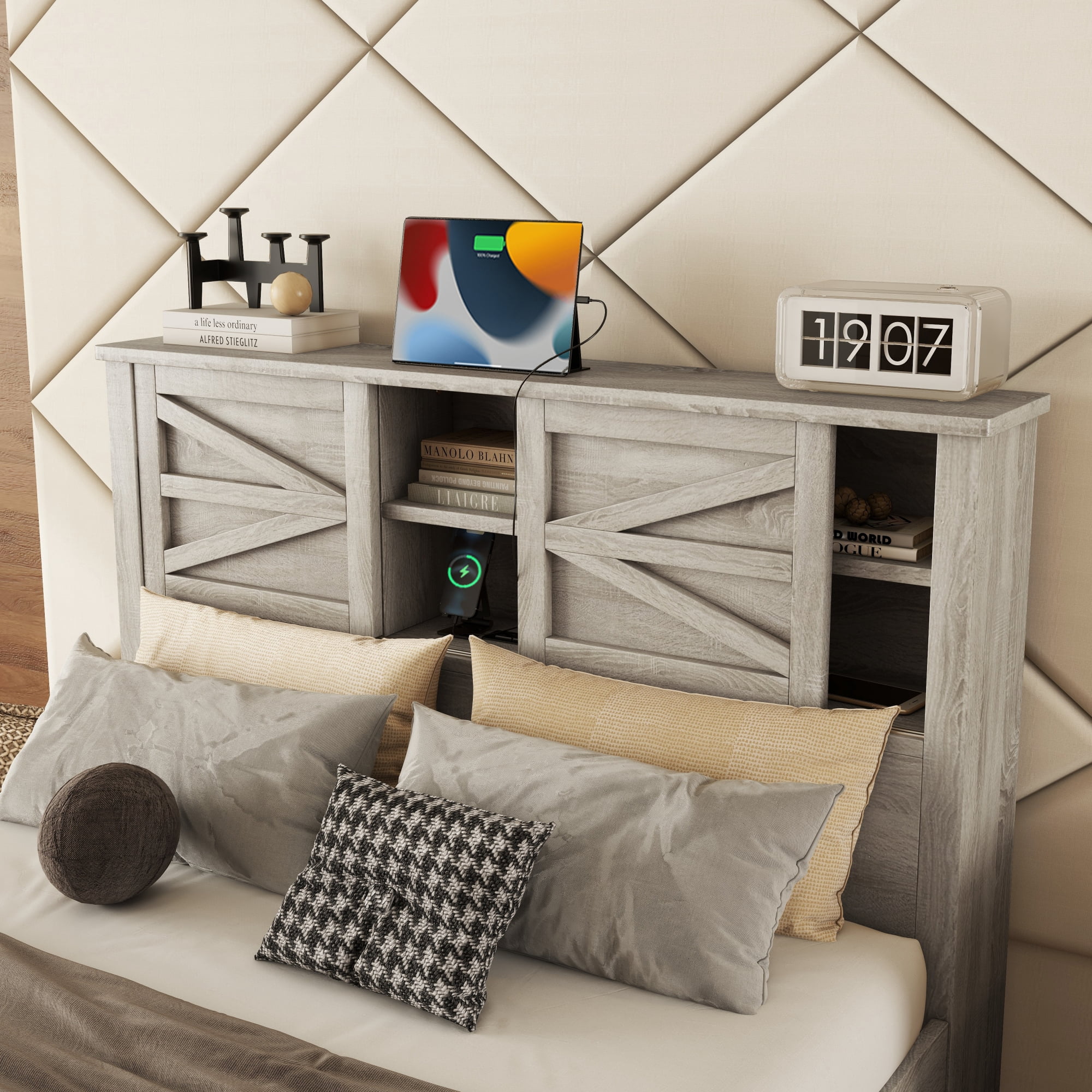 Ensemble de chambre 3 pièces Noble House : lit plateforme de style ferme, grand lit, gris antique