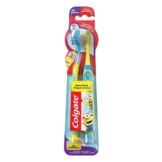 Colgate Kids Minions Toothbrush Value Pack containing two extra soft toothbrushes for children aged 5 and older, with small oval heads, multi-height blue and yellow bristles, cushioned non-slip handles with thumb rests, and tongue cleaners on the back, in Minions-themed packaging.
