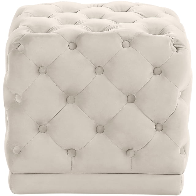 Meridian Furniture Stella Collection Modern | Contemporary Velvet Upholstered Ottoman / Stool with Deep Button Tufting and Solid Wood Frame, Cream, 18" W x 18" D x 17" H