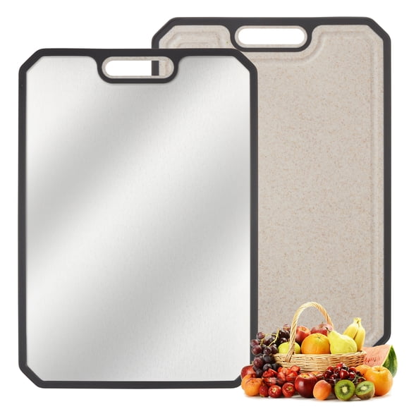 Planche à Découper – 15x10 Pouces Acier Inoxydable 304 Double Face et Titane – Gorge à Jus Profonde – Poignées Intégrées – au-Dessus du Bassin – Va au Lave-Vaisselle – Résistant aux Taches – Cadeau de Cuisine – Argent