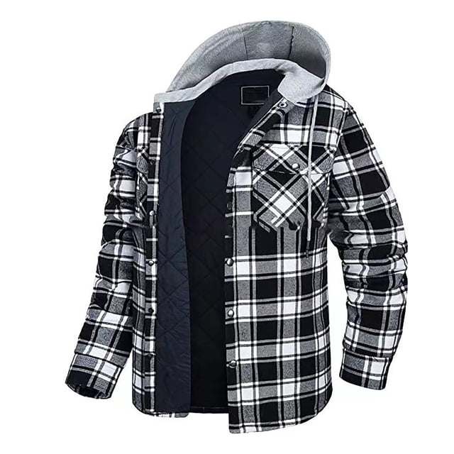RKSTN men's flannel shirt jacket with quilted lining, featuring a black and white plaid pattern, long sleeves, and a hood. The jacket includes button-down closure, dual chest pockets, and a warm, windproof design suitable for winter. Made of polyester and cotton, it is lightweight, durable, and ideal for casual or outdoor wear.