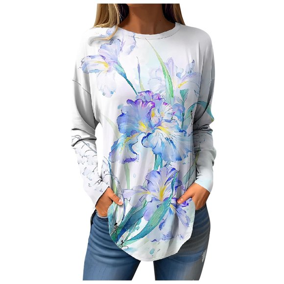 lcziwo Cute Tops for Women Fall Exercise Blouses Long Sleeve Round Neck Shirts Casual Winter Ethnic Floral Tunic Sweatshirts Clearance Light Blue