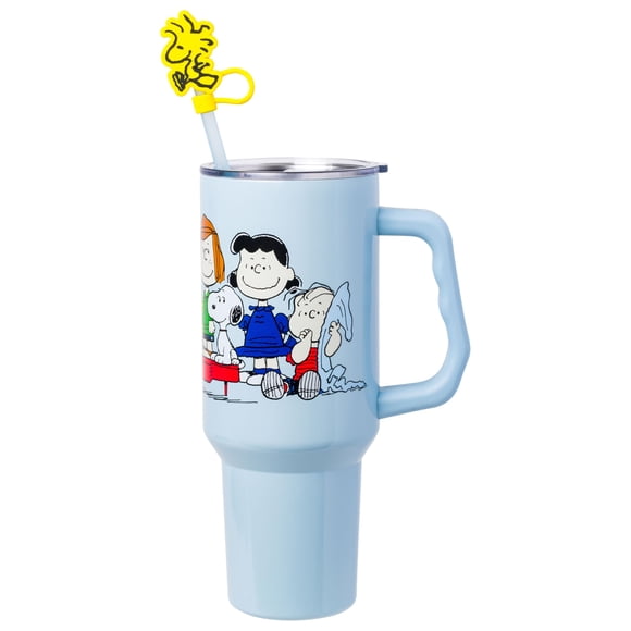 Silver Buffalo Peanuts Gang Charlie Brown, Snoopy, Woodstock, Lucy, Sally, Linus, Double Walled Stainless Steel Tumbler with Handle, Straw, and Straw Cap, Fits in Standa