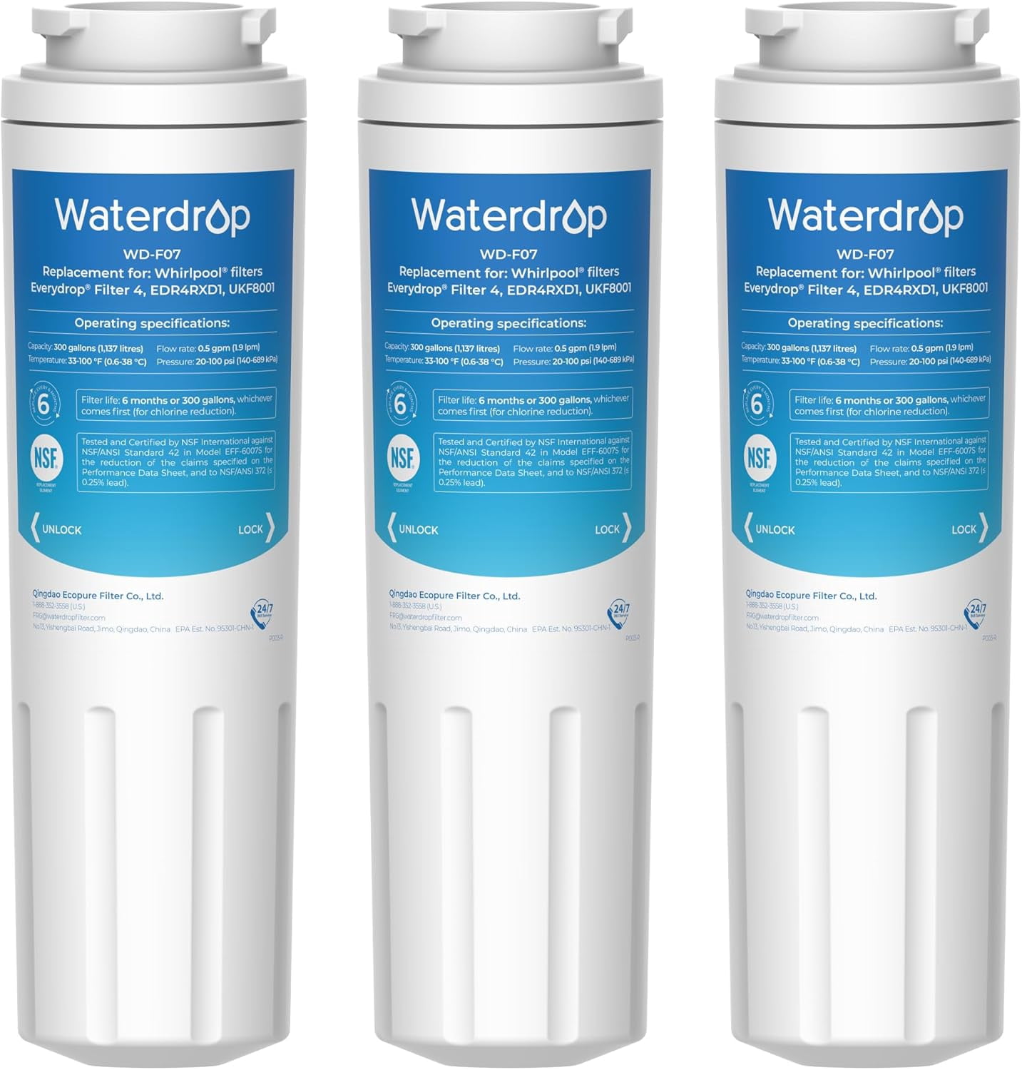 Waterdrop EDR4RXD1 Refrigerator Water Filter, Compatible with Everydrop by Whirlpool Filter 4, UKF8001, 4396395, 469006, Puriclean II, 3 pack